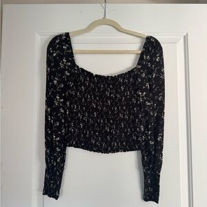Reformation Black Floral Smocked Blouse